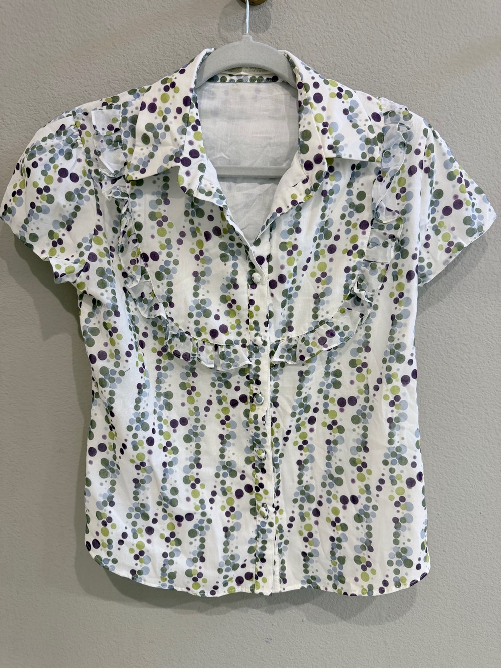 Shannon McLean Size M Ruffle Polka Dot Button Front Designer Blouse Multicolor